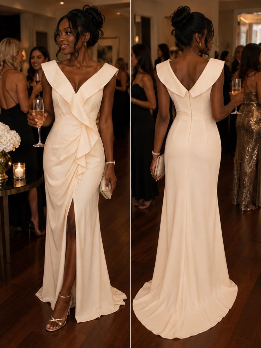 TFNC Cream V-Neck Ruffle Front Maxi Gown
